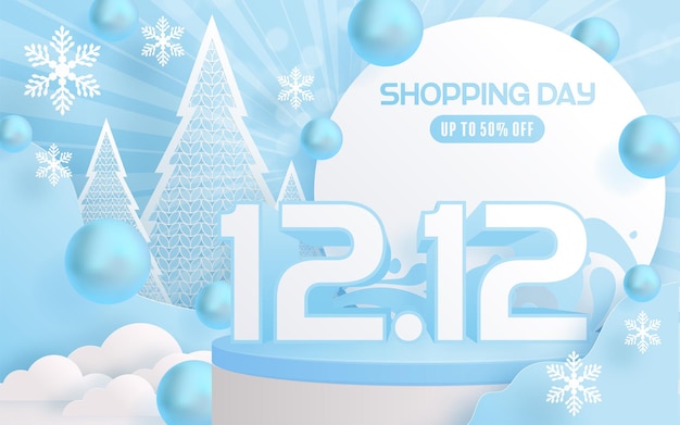 12.12 shopping festival, speech marketing banner design on  winter background and round podium, snow, and floating ribbon with craft style.