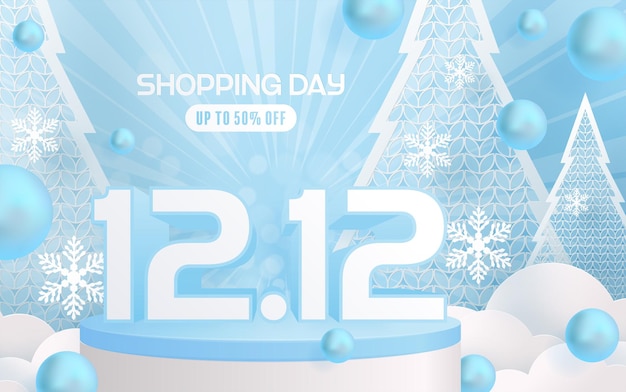 12.12 shopping festival, speech marketing banner design on  winter background and round podium, snow, and floating ribbon with craft style.