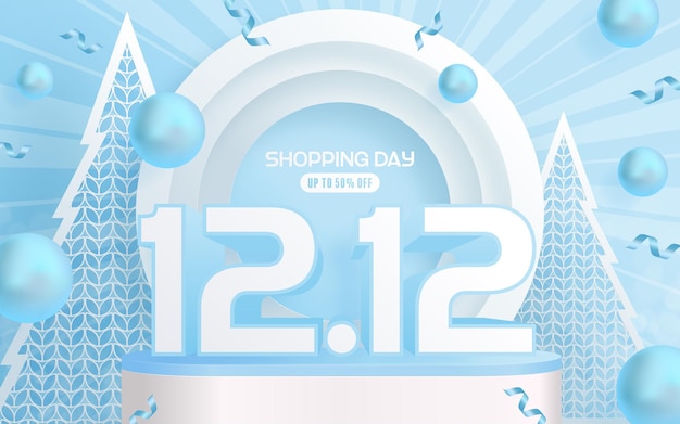 12.12 shopping festival, speech marketing banner design on  winter background and round podium, snow, and floating ribbon with craft style.