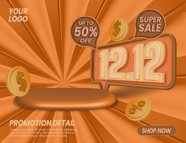 12 12 super sale discount promotion with 3d podium display on cartoon orange background