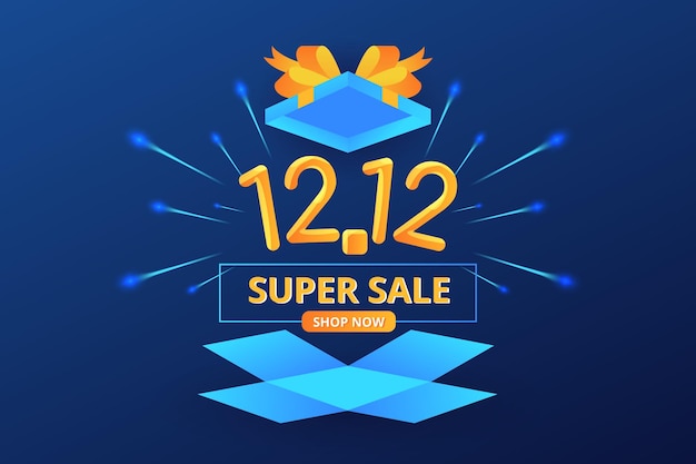 12.12 concetto di scatola sorpresa super vendita con fuochi d'artificio su sfondo blu