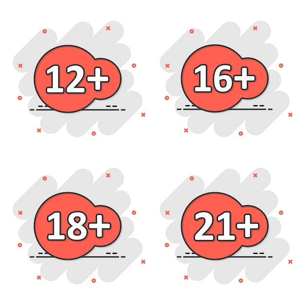 Вектор 12 16 18 21 плюс иконка в комическом стиле цензура карикатурная векторная иллюстрация на белом изолированном фоне цензурированная бизнес-концепция эффекта всплеска