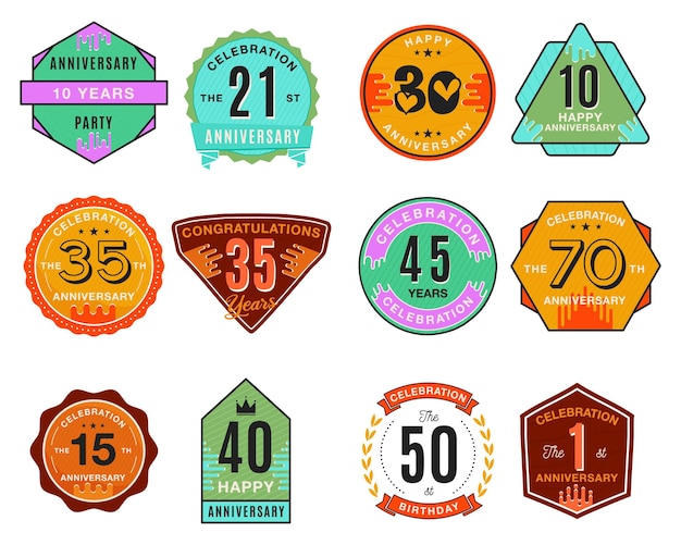 12 Anniversary Logo Templates Set Wedding badges in flat modern style Birthday anniversary labels collection Stock vector designs