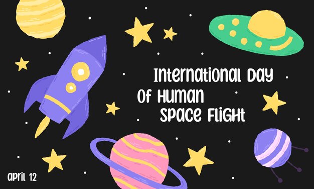 4월 12일 인간 우주 비행의 날: 갤럭시 포스터, 손으로 그린 만화 요소, 터 일러스트레이션