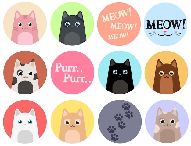 12 cat stickers. Cartoon vector set