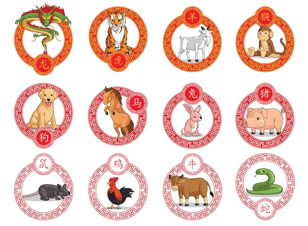 12 Chinese Zodiac Animals Ornamental Frame Lunar New Year Isolated Circular