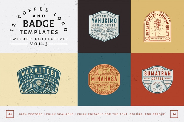 12 coffee logo and badge templates fully editable text, color and outline