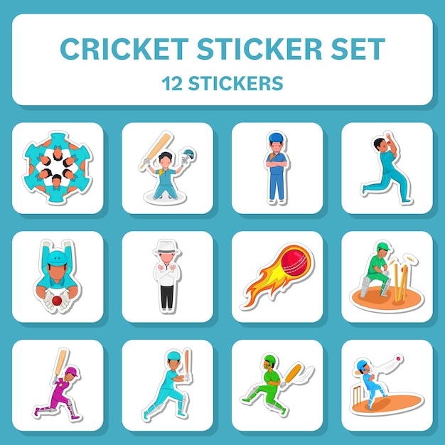 12 Cricketer Sticker Of Pictogrammen Collectie Op Witte En Turquoise Achtergrond