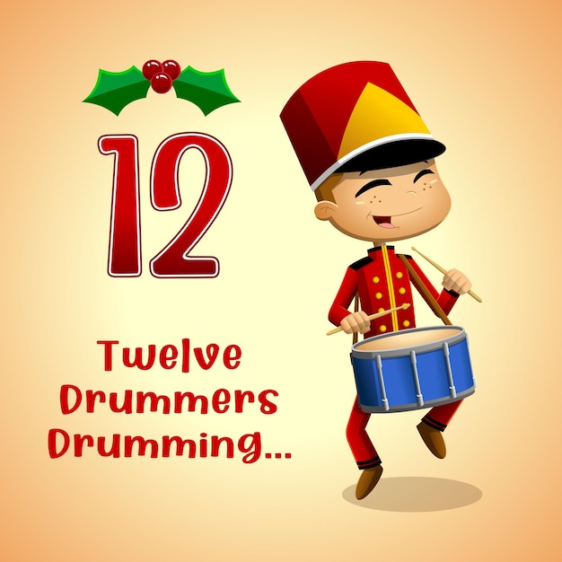 The 12 Days Of Christmas - 12Th Day - Twelve Drummers Drumming. Vector Hand Drawn Illustration