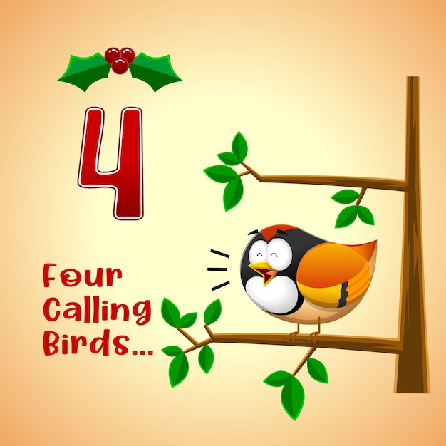 The 12 Days Of Christmas - 4-Th Day - Four Calling Birds. Vector Hand Drawn Illustration