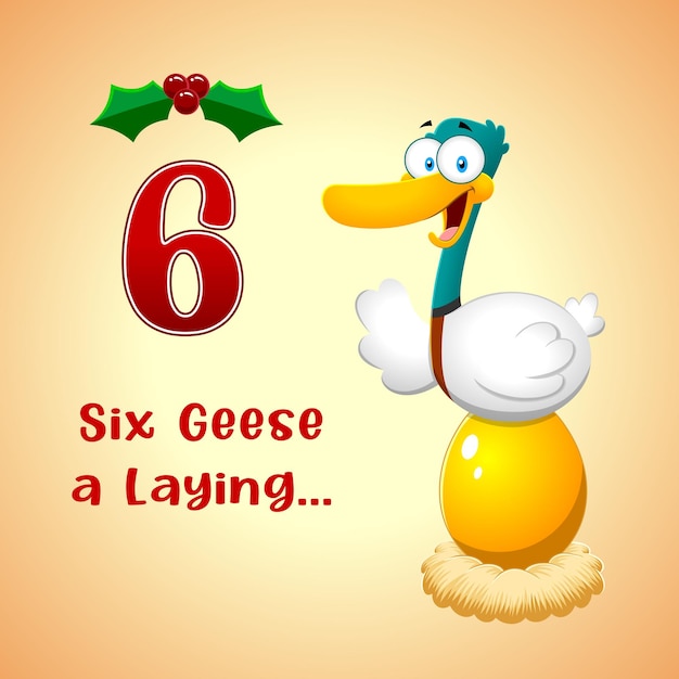 The 12 Days Of Christmas - 6Th Day - Six Geese A Laying. Vector Hand Drawn Illustration