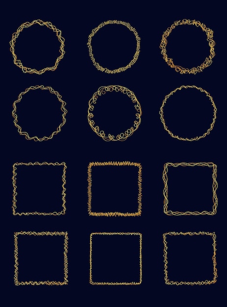 12 doodle sketchy round and square frames with luxury golden hand drawn borders. Template of frames