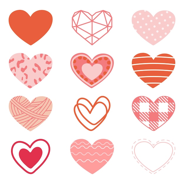 Vector 12 hand drawn hearts design elements for valentines day in flat vector style