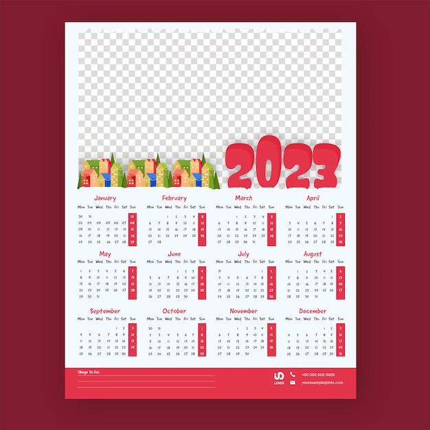 12 maanden 2023 wandkalender sjabloonontwerp met ruimte voor bericht of afbeelding tegen rode achtergrond