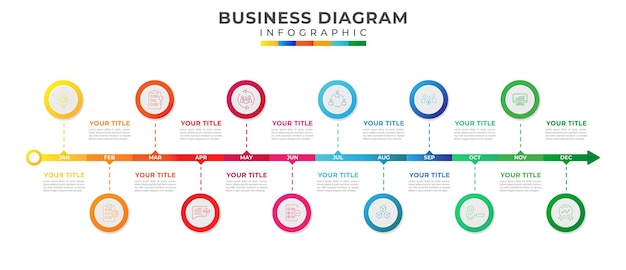 12 maanden moderne tijdlijn diagram infographics en pictogrammen symbolen