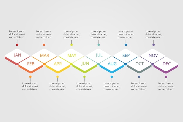 Modello di sequenza temporale di 12 mesi per infografica per la presentazione per 12 elementi