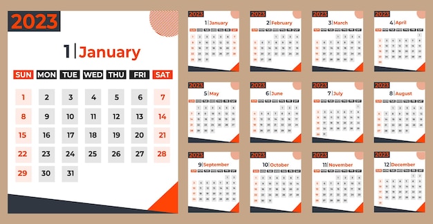 12 Months Calendar Set of Year 2023