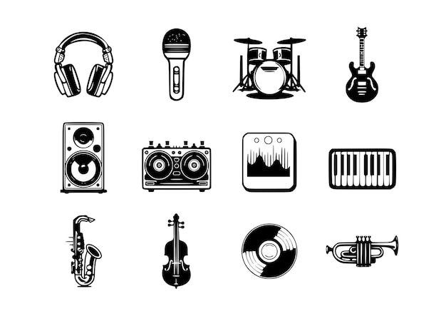 Vector 12 muziekinstrumenten muziekproductie zwarte contouren vectorillustraties