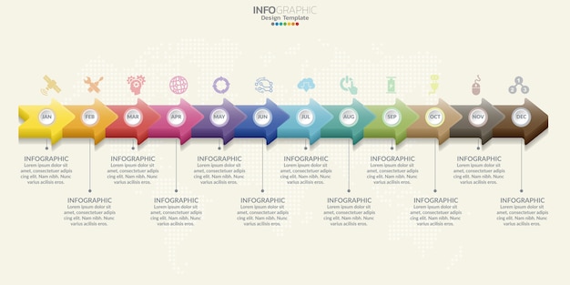 12 steps timeline infographic design and icons can be used for workflow.