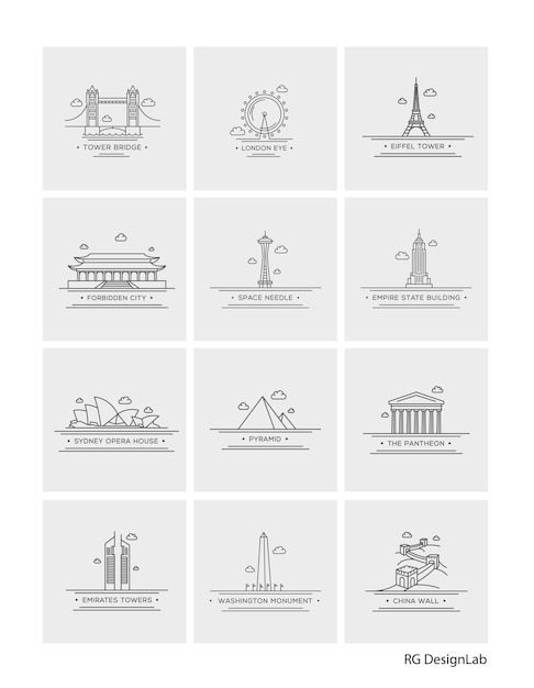 Vector 12 world famous landmark icons