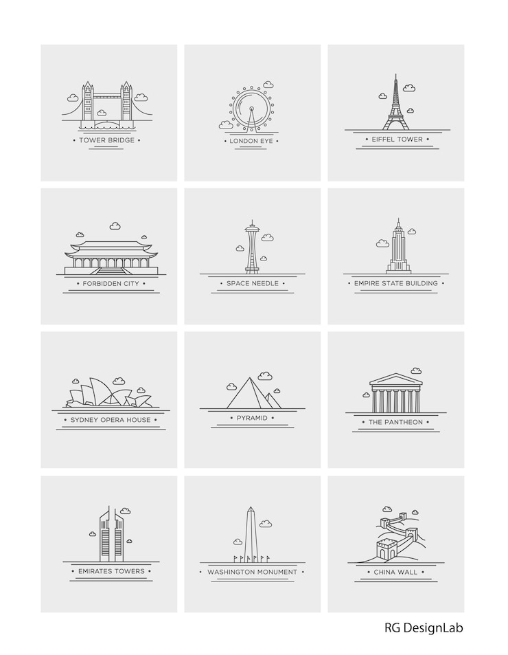 Vector 12 world famous landmark icons