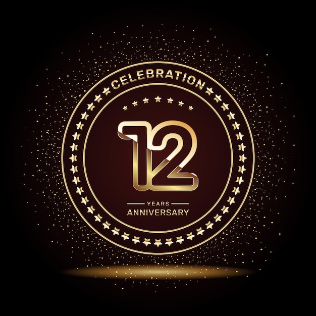 12 year anniversary logo design with double line numbers in gold color vector template