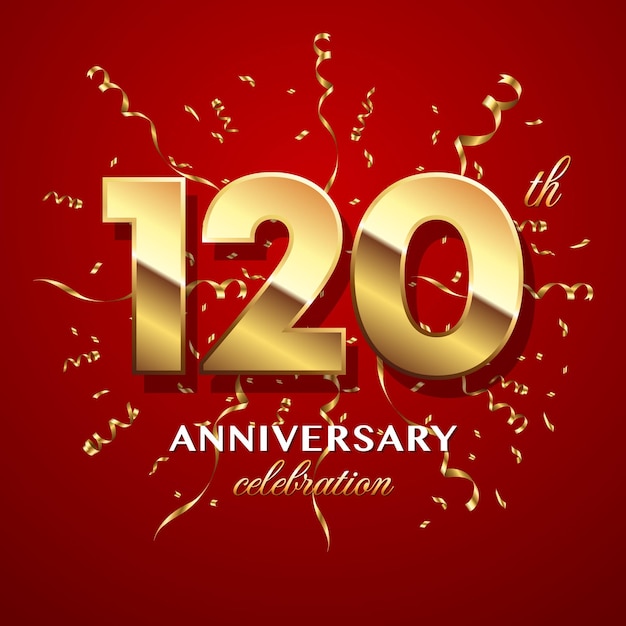 120th Anniversary Celebration Logo design with golden number and ribbon Logo Vector Template