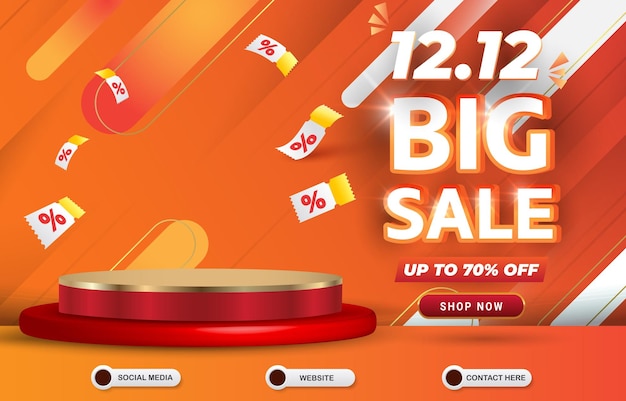 1212 of december big sale discount template banner with blank space 3d podium for product sale with abstract orange gradient background