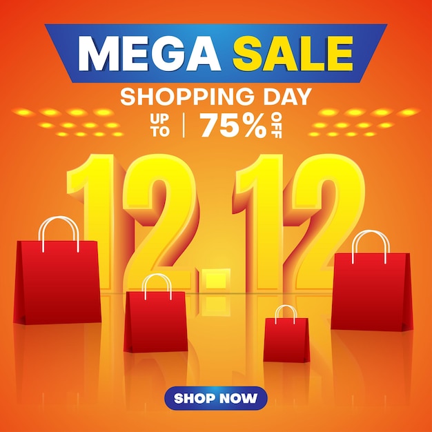 1212 shopping day mega sale banner of poster met realistische boodschappentas en nummer 1212