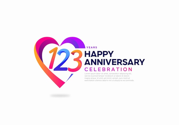 123 years anniversary with love shape icon logo design template