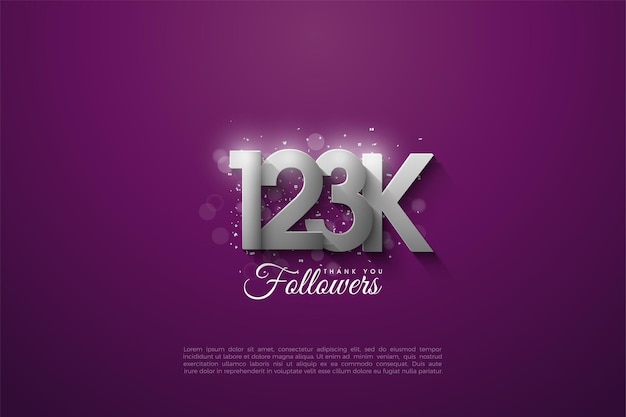 123k followers with 3d silver numbers illustration on purple background