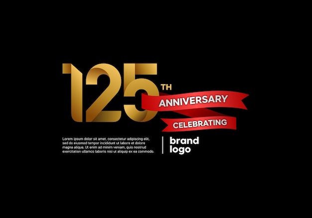 Vector 125 years happy anniversary logo with gold and red color on black background