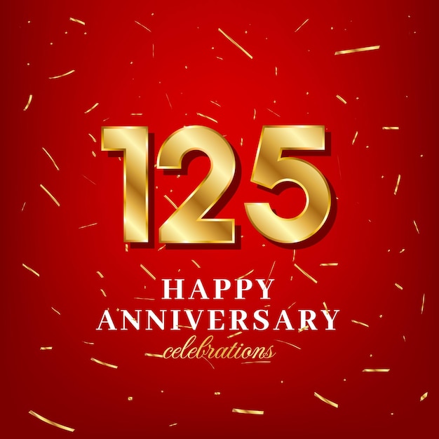 125e verjaardag vector sjabloon met een gouden getal en gouden confetti verspreid op een rode achtergrond