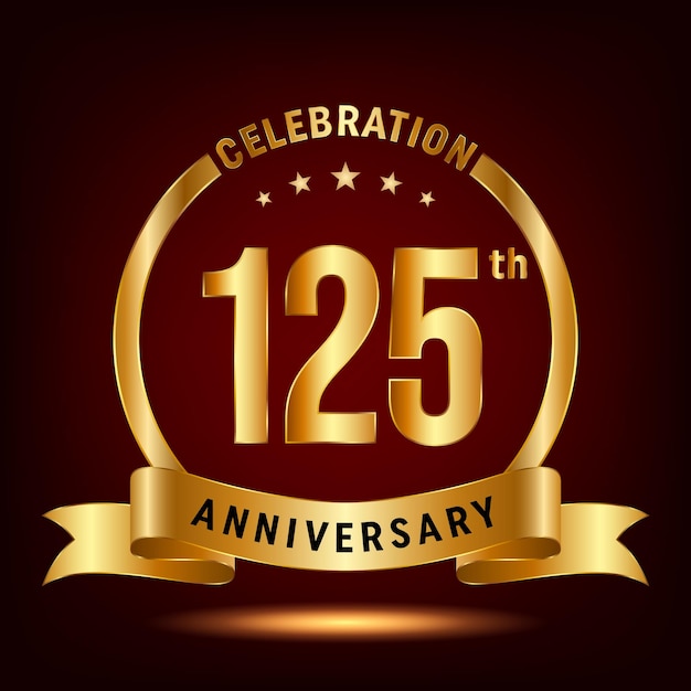 125th Anniversary Celebration logo design with ring and gold ribbon Logo Vector Template