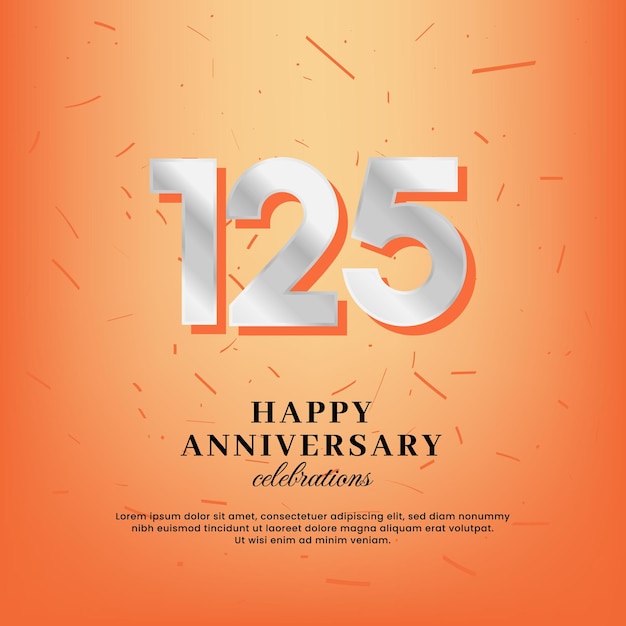 125th anniversary vector template with a white number and confetti spread on an orange background