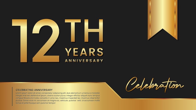 12e verjaardag sjabloon ontwerp in gouden kleur geïsoleerd op een zwarte en gouden achtergrond