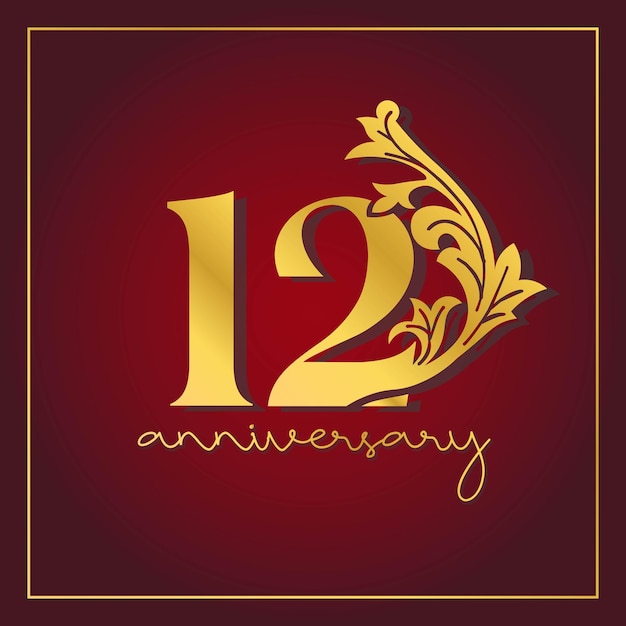 12th Anniversary celebration banner with  on red background. Vintage Decorative number vector Design