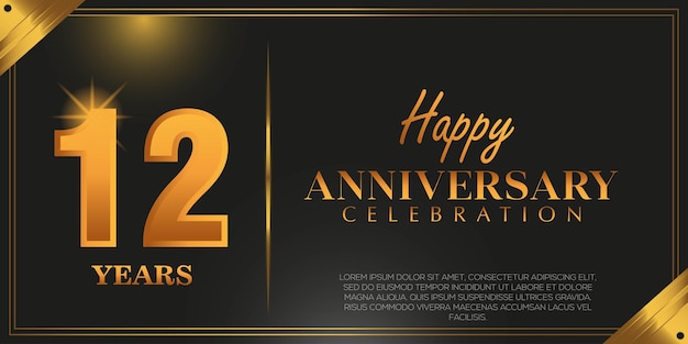 12th anniversary logo with confetti golden colored isolated on black background, vector design .
