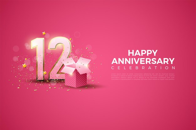 12 ° anniversario con numeri e illustrazioni di confezione regalo.