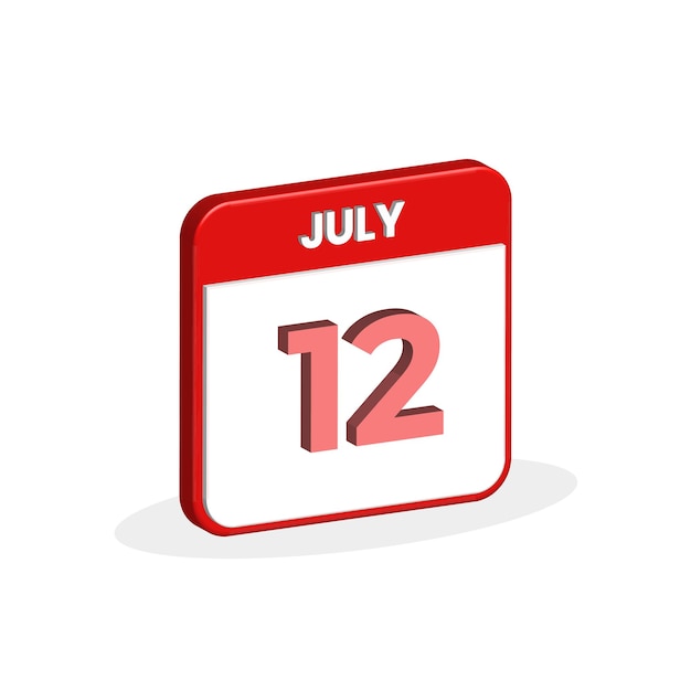 12th July calendar 3D icon 3D July 12 calendar Date Month icon vector illustrator