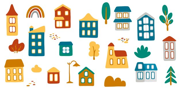 13 cartoon houses, plants, hills, stones, streetlight, rainbow. Cute vector illustration