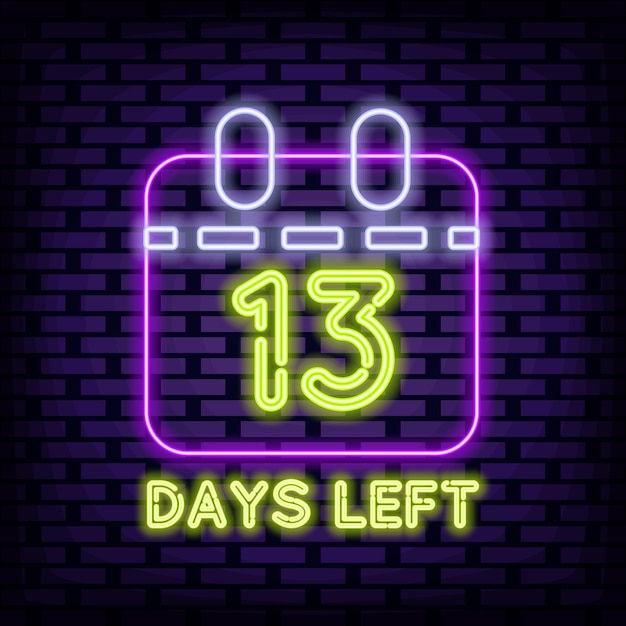 13 Days Left Badge in neonstijl Gloeiend met kleurrijk neonlicht Heldere nachtreclame