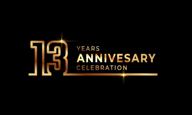 Vector 13 year anniversary celebration with golden color one connected line isolated on dark background