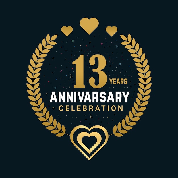 13 Years anniversary celebration vector design with golden celebration design