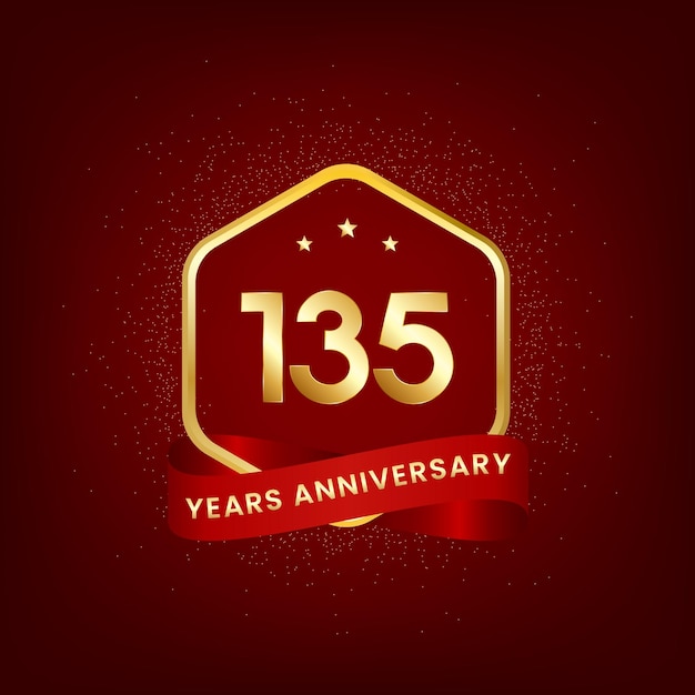 135 年周年記念テンプレート デザイン イベント招待状カード グリーティング カード バナー ポスター チラシ本の表紙と印刷ベクトル Eps10 のゴールド ナンバーと赤いリボンのデザイン