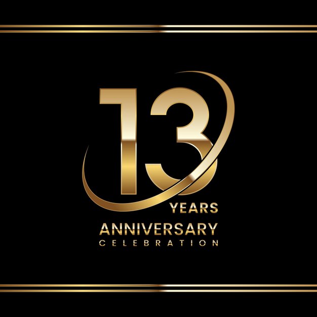 Празднование 13-летия Юбилейный дизайн логотипа с золотым кольцом Logo Vector Template