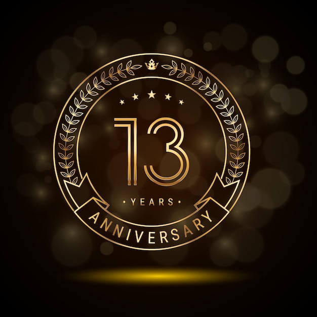 Vector 13th anniversary logo with golden laurel wreath and double line numbers template design for anniversary celebration event double line style vector design