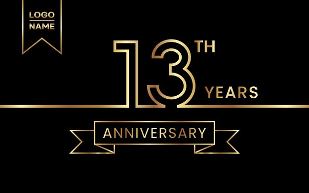 13th Anniversary template design with gold color and ribbon Line Art Design Vector Template