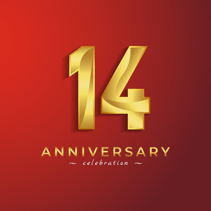 Vector 14 year anniversary celebration with golden shiny color for celebration isolated on red background