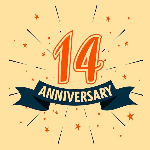 Vettore disegno di celebrazione dell'anniversario di 14 anni con forma numerica per il vettore di eventi di celebrazione speciale
